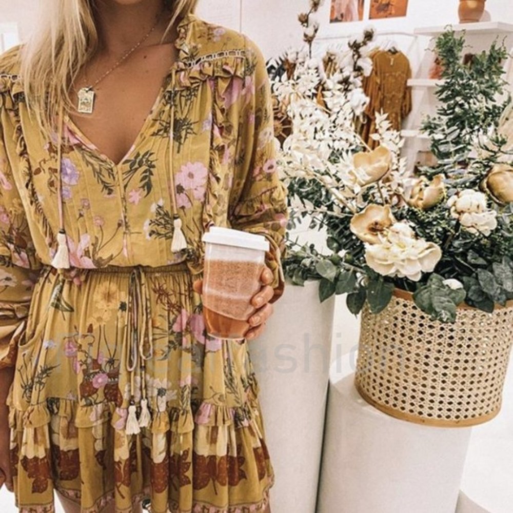 New Boho Fall Floral Long Sleeve Dress - Picture 5 of 5